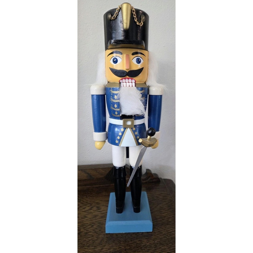 German Hussar Nutcracker in Blue The Blue Dragoons Soldiers EUC 13.5" Tall